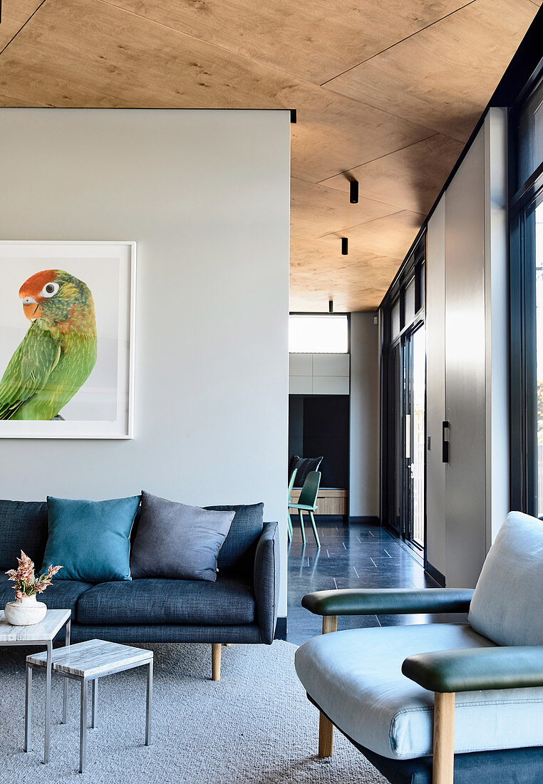 Wohnzimmer mit Papageien-Bild im offenen Architektenhaus