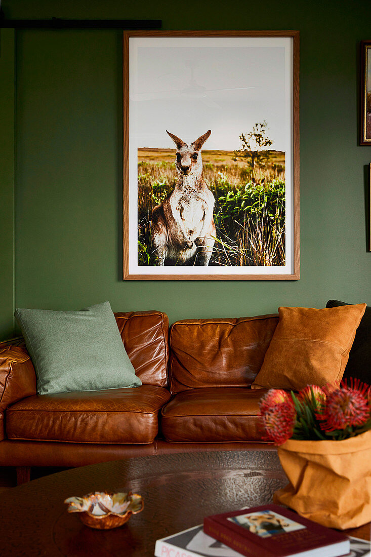 Känguru-Bild an grüner Wand überm braunen Ledersofa im Wohnzimmer