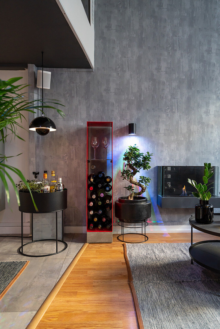 Rotes Weinrgal, Minibar und Bonsai im maskulinen Wohnzimmer