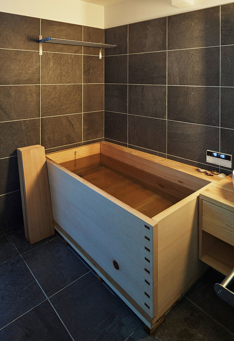 Wooden, Japanese, designer ofuro soaking tub in bathroom
