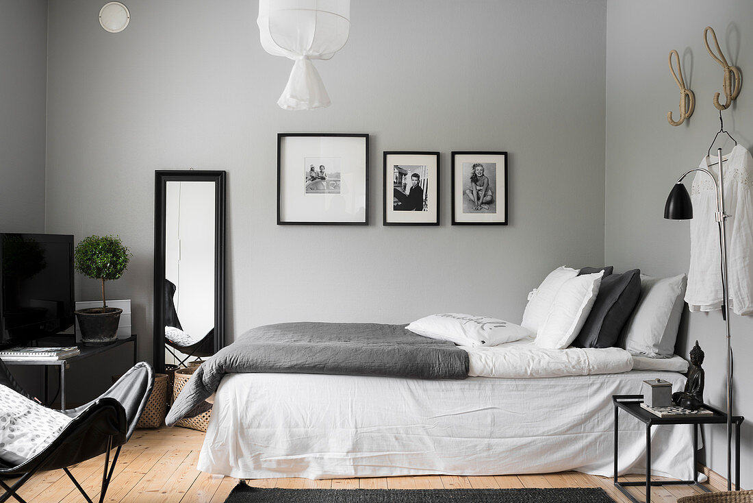 Clear lines and monochrome colour scheme in bedroom