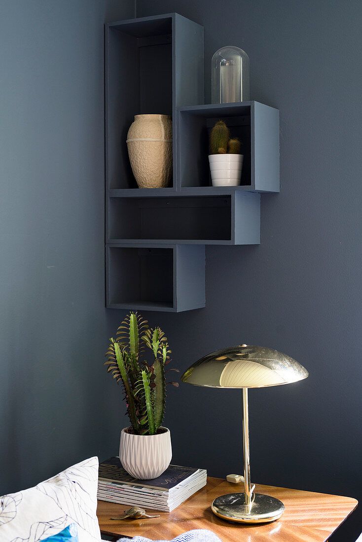 Shelves on grey-blue wall above table lamp and houseplant on side table