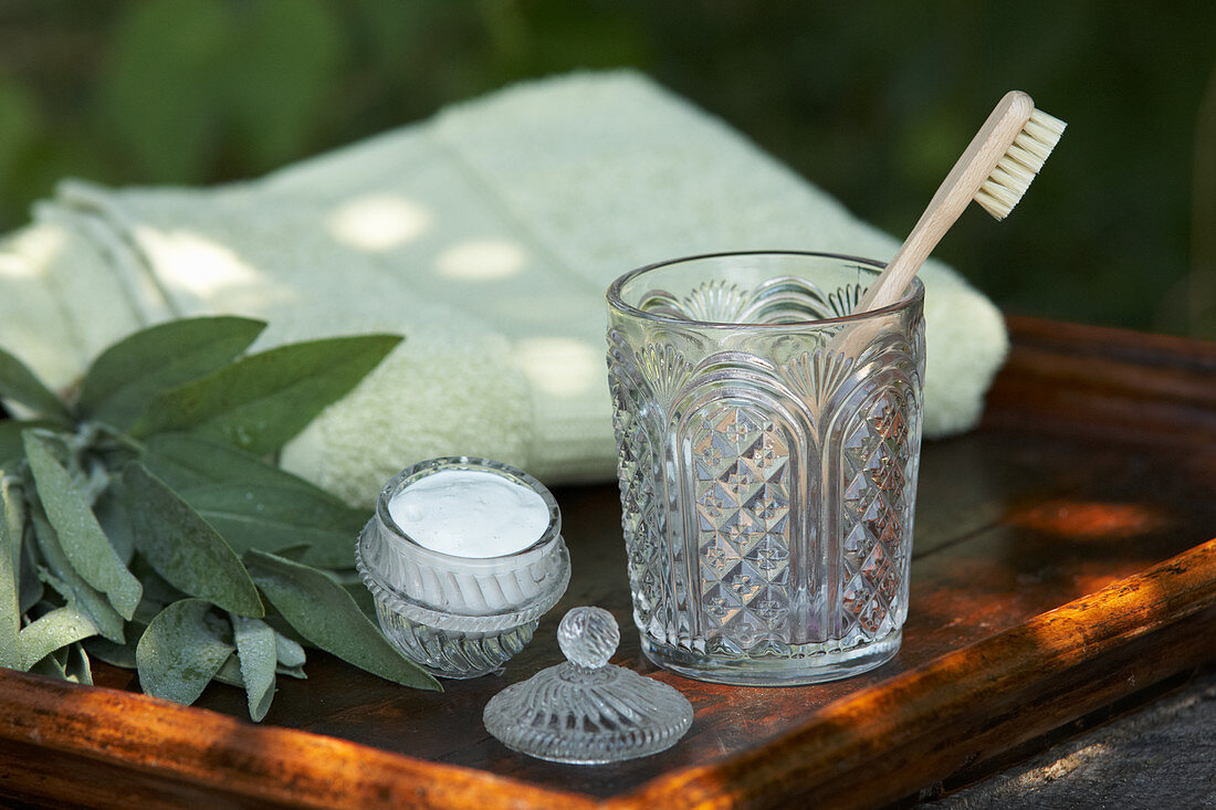 Homemade spearmint toothpaste, glass and toothbrush