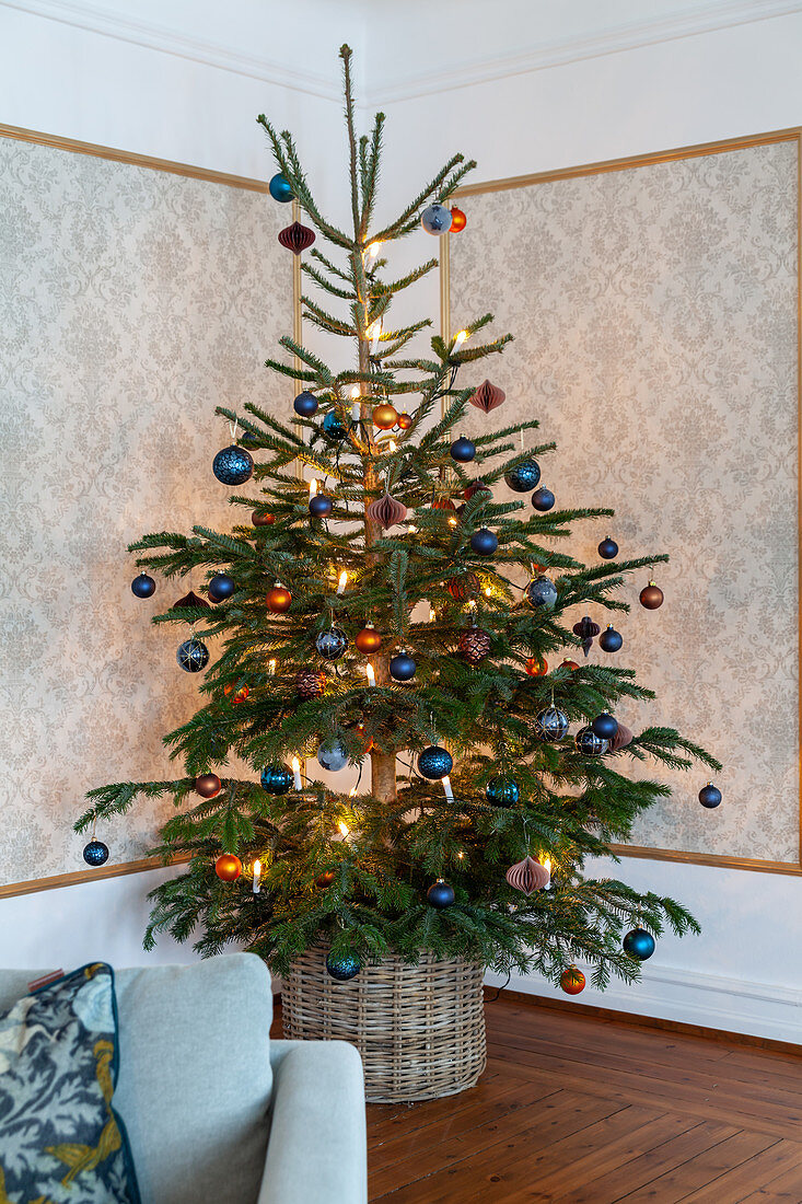 Weihnachtsbaum in der Ecke mit Ornament-Tapete in Zierleisten