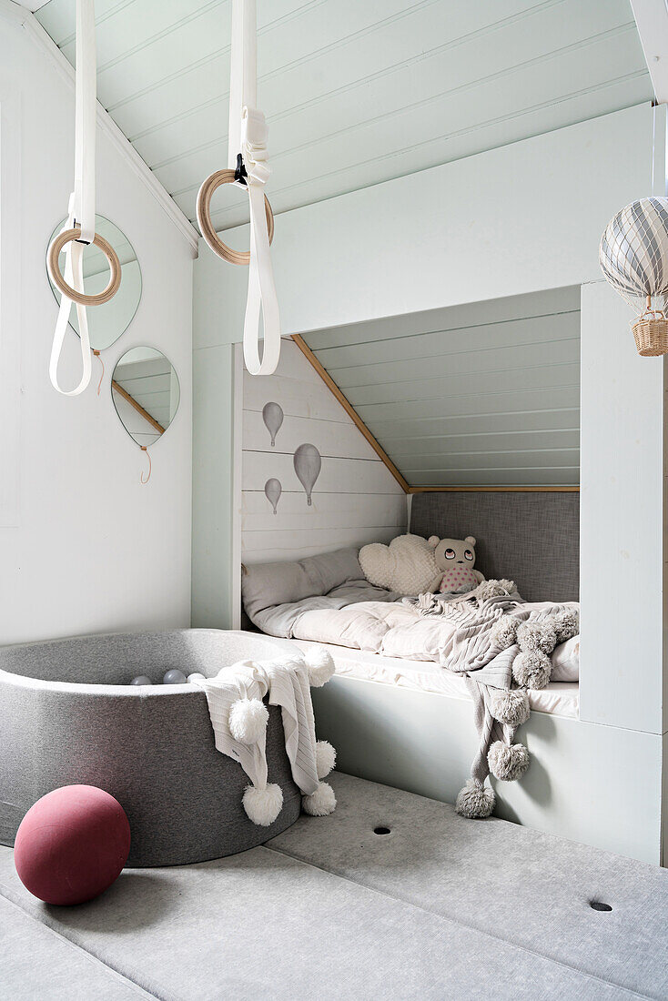 Cubby bed and ball pool in pale grey child's bedroom