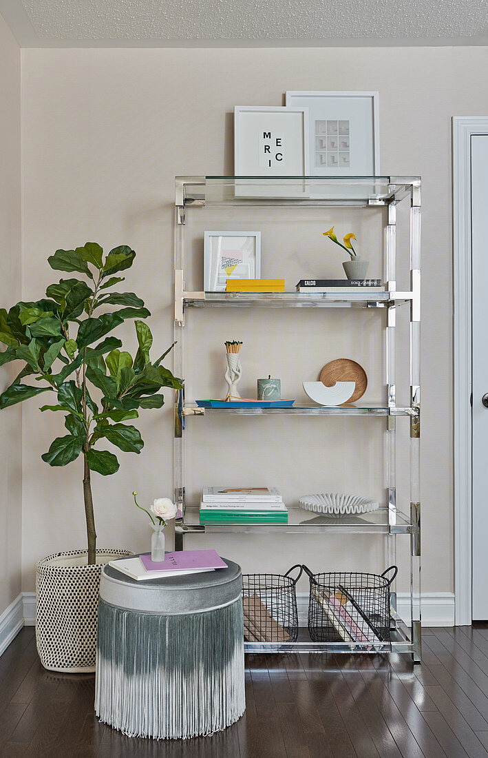 Glass and stainless shelving filled with books, flowers and various items, potted fig tree and stool with ombre fringe