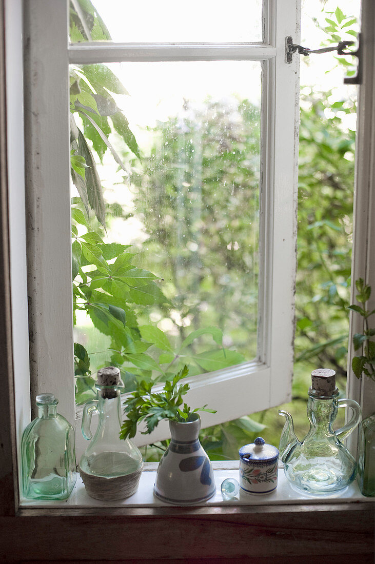 Bottle, carafes and vase of herbs on windowsill