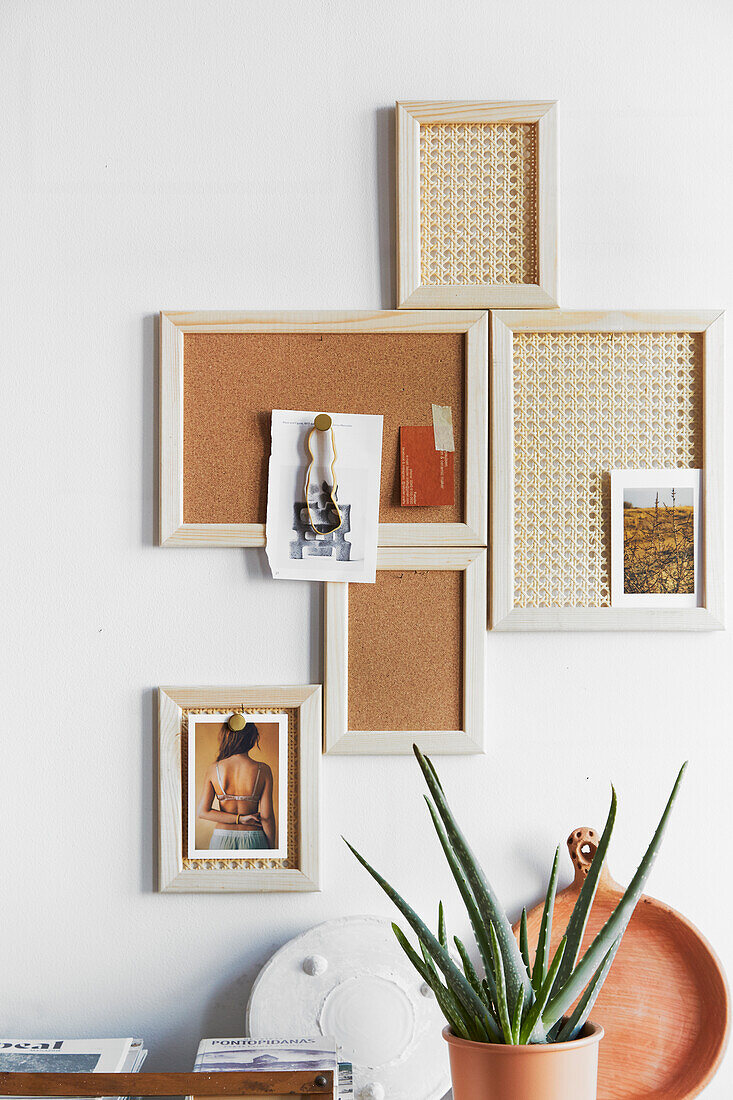 Handmade pinboard made from picture frames, cork and woven cane panels