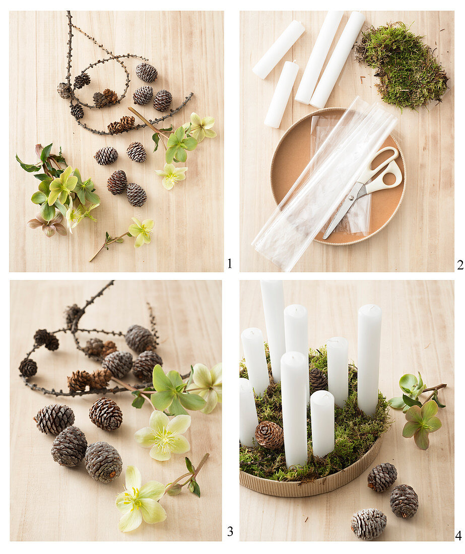 Instructions for making arrangement of candles, pine cones and hellebore flowers