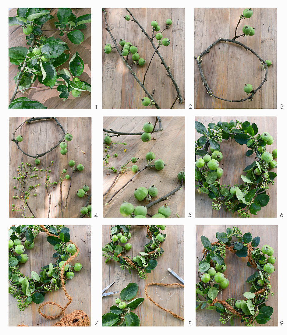 Instructions for making a wreath of apple branches and viburnum berries