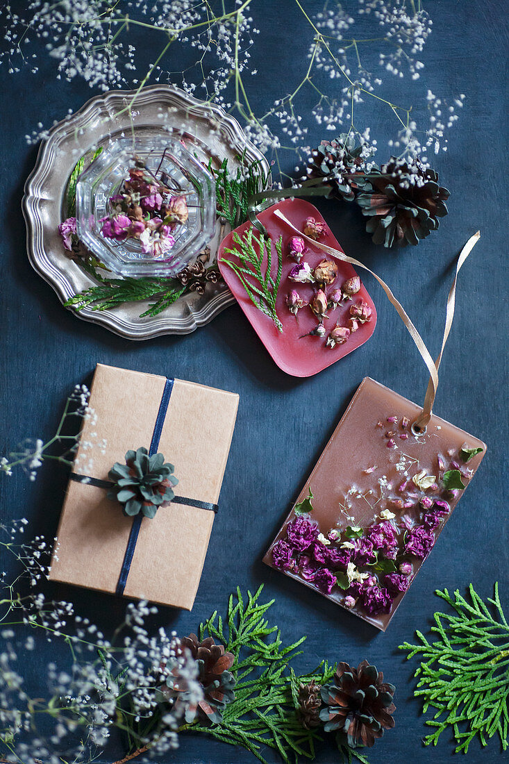 Handmade gifts of scented wax and dried flowers