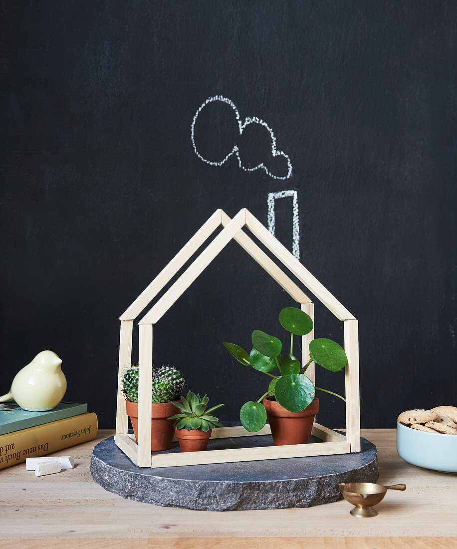 Plants in small, handcrafted wooden hut in front of chalkboard