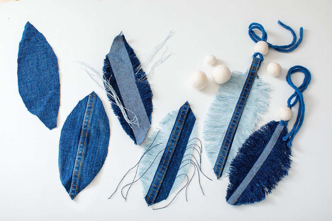 Steps for making denim feathers with felt beads