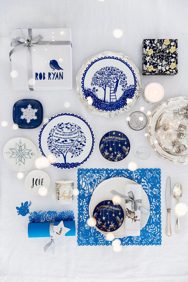 Festive table decorated in blue and white