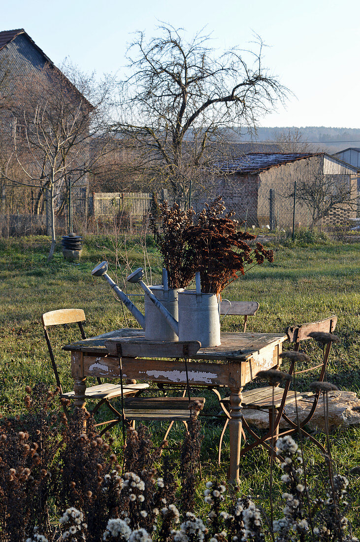 Sitzgruppe im ländlichen Spätherbst- Garten, Zink-Gießkannen mit getrockneter Fetthenne auf dem Tisch