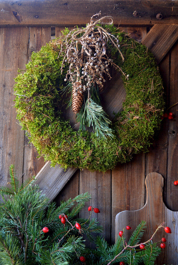 Moss wreath with pine, spruce cones and branch with palm berries