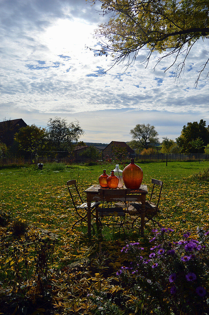 Table and chairs in autumnal garden with demijohns on table