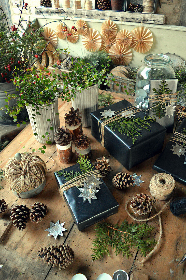 Weihnachtsgeschenke mit Sternen und Zweigen vom Lebensbaum, Drahtwein, Zapfen und Juteschnur auf dem Tisch verteilt
