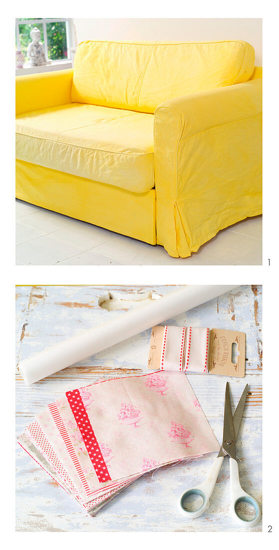 Instructions for brightening up a yellow sofa with patchwork elements