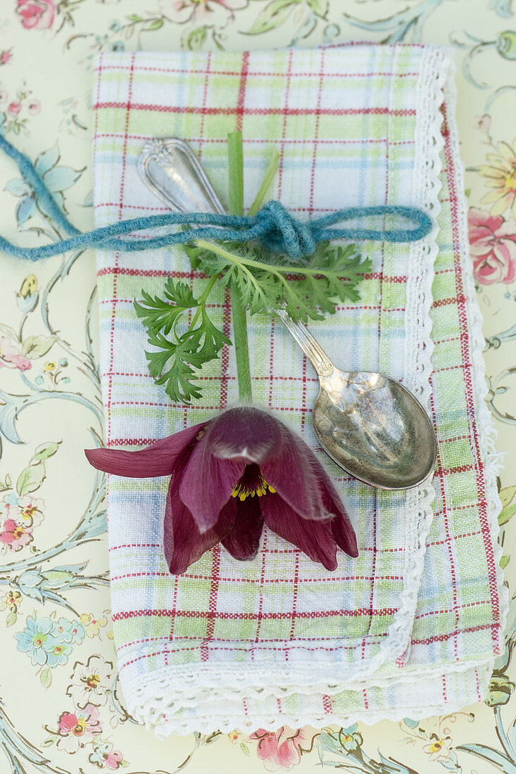 Pasque Flower as a napkin decoration on a silver spoon