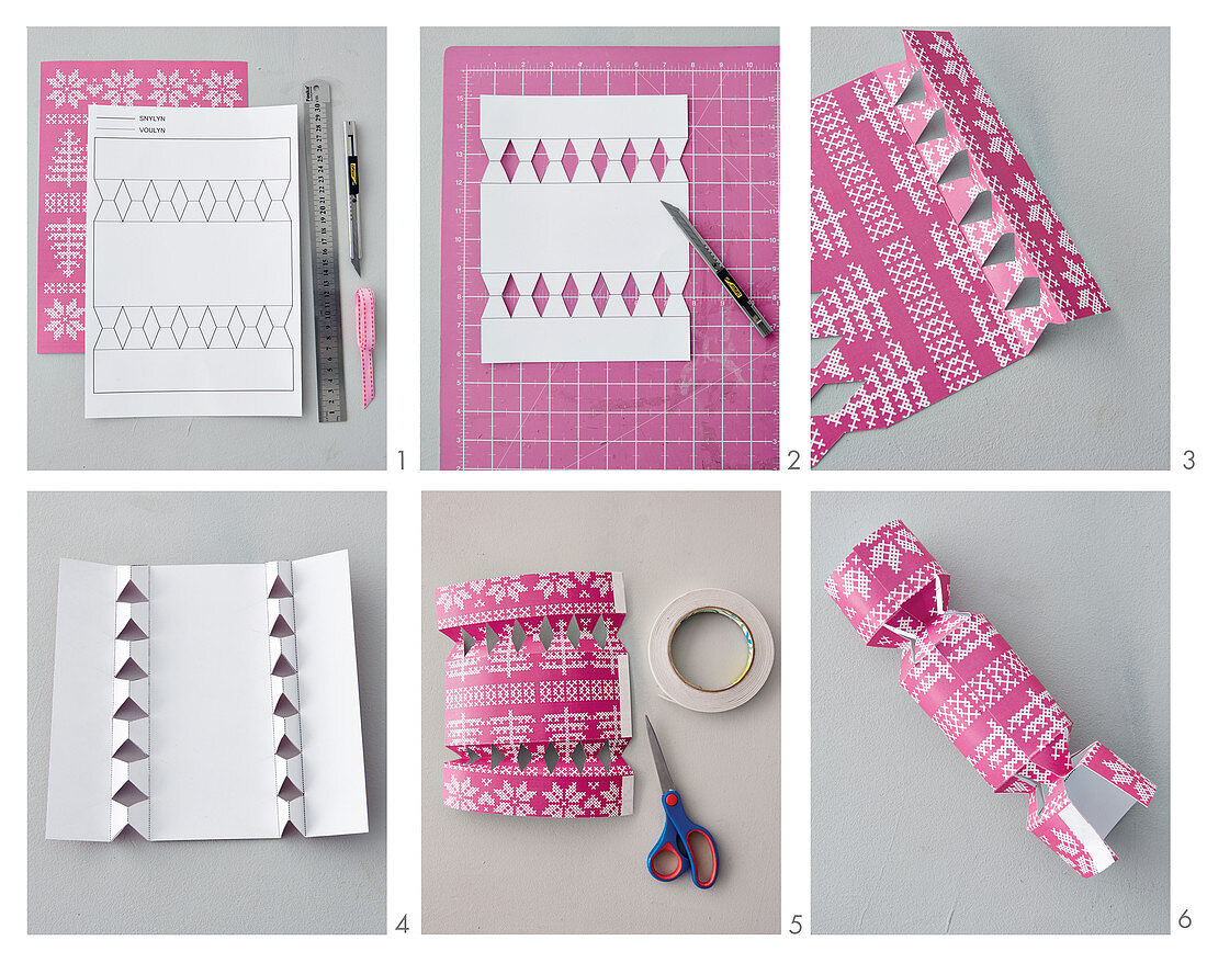 Instructions for making crackers made from pink paper with cross-stitch pattern