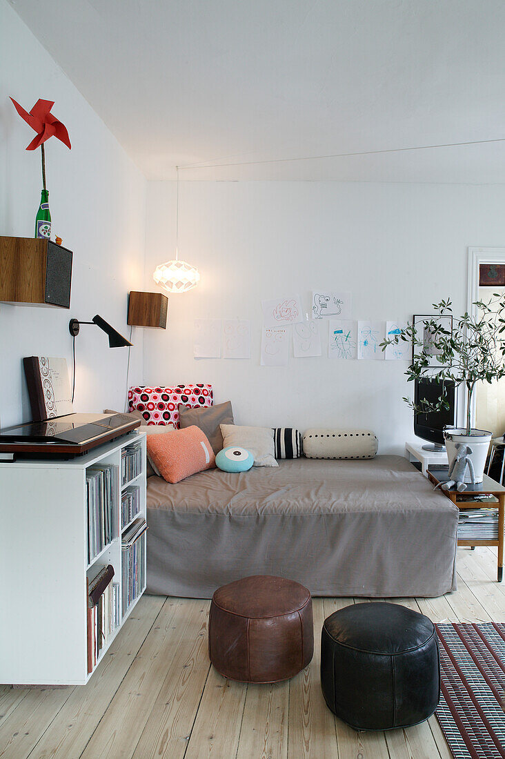 Sofa bed next to record player on top of shelves in living room with board floor