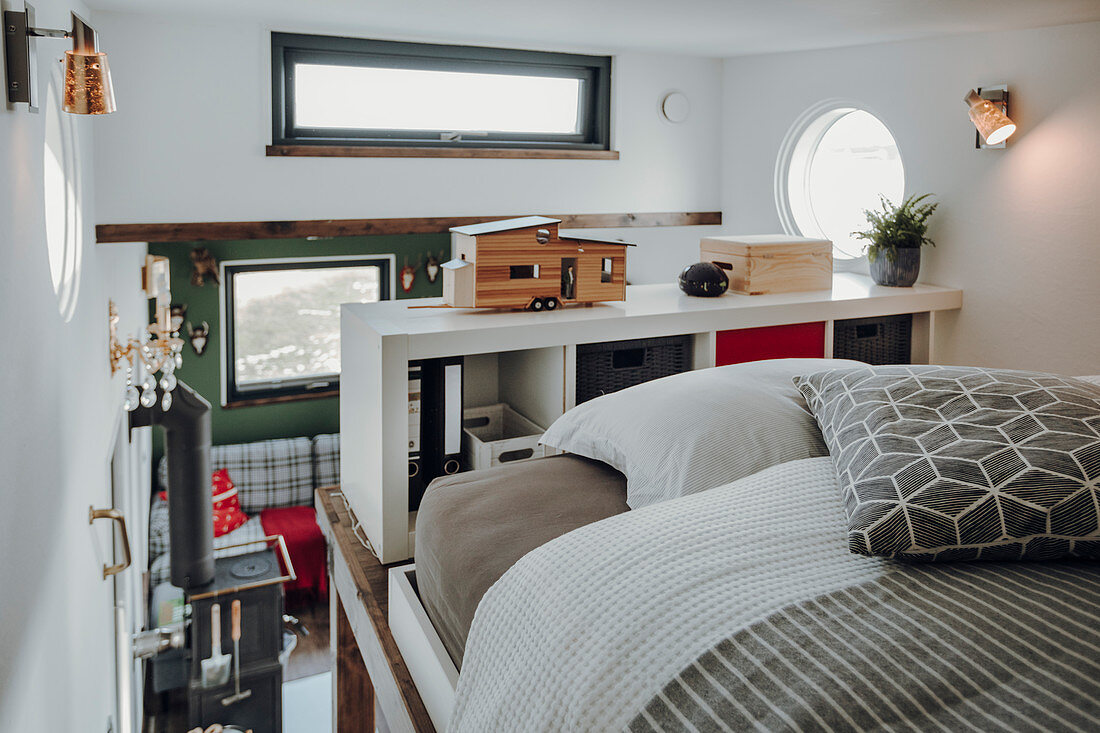 View from bed on mezzanine in tiny house