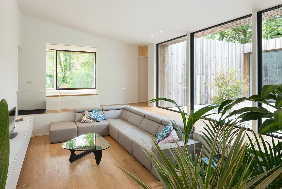 Bright living room with modern couch and floor-to-ceiling windows facing the garden