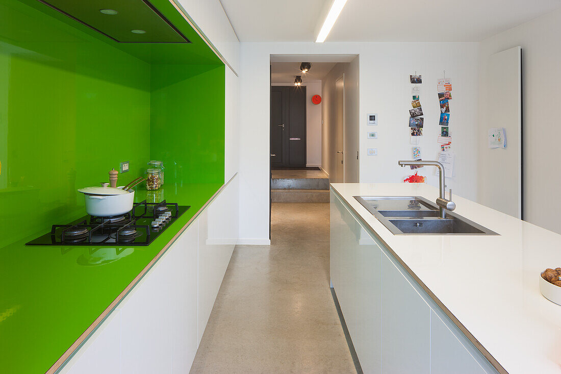 Modern kitchen with green back splash and integrated appliances