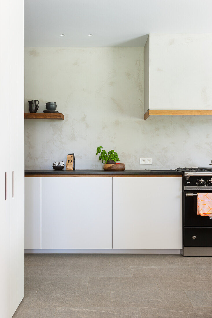 Minimalistische Küchenzeile mit weißen Schrankfronten und Holzregalen