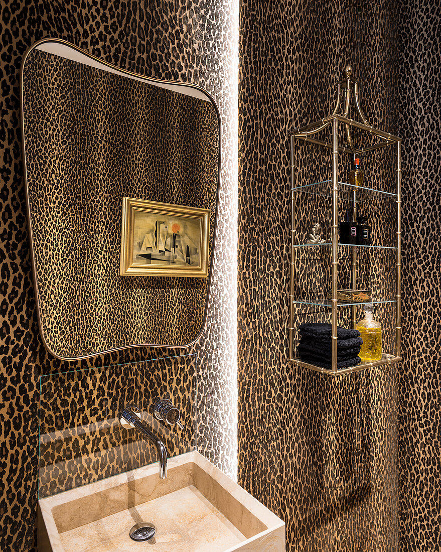 Leopard-print wall in eccentric bathroom