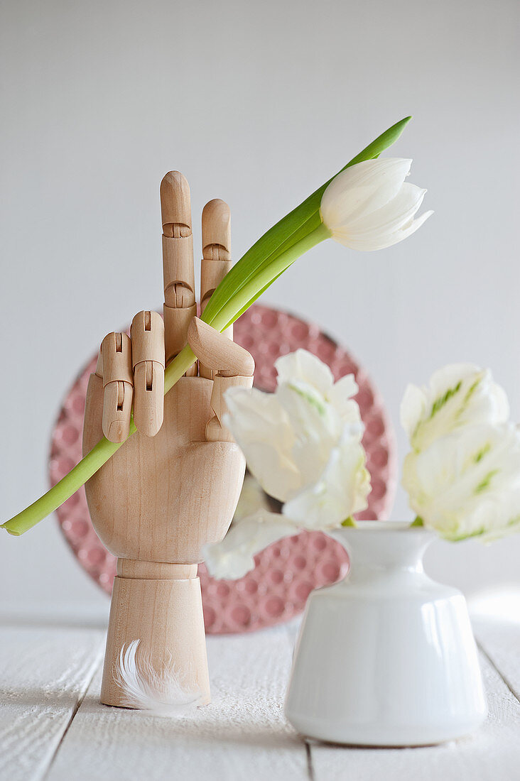 Holzhand hält weiße Tulpe