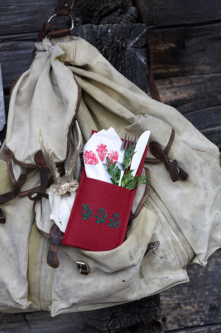 Handmade felt cutlery pouch with stamped pattern for taking hiking