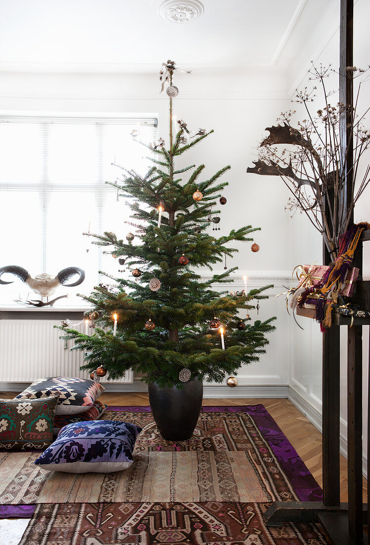 Christmas tree and cushions on layered ethnic-style rugs