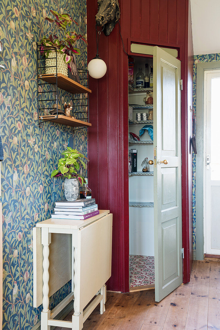 Open panelled door leading into pantry in country-house kitchen