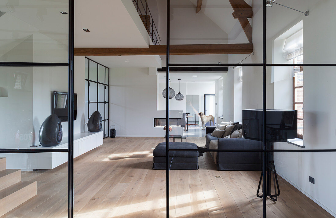 Blick durch Glas-Stahl-Wand ins minimalistische Wohnzimmer