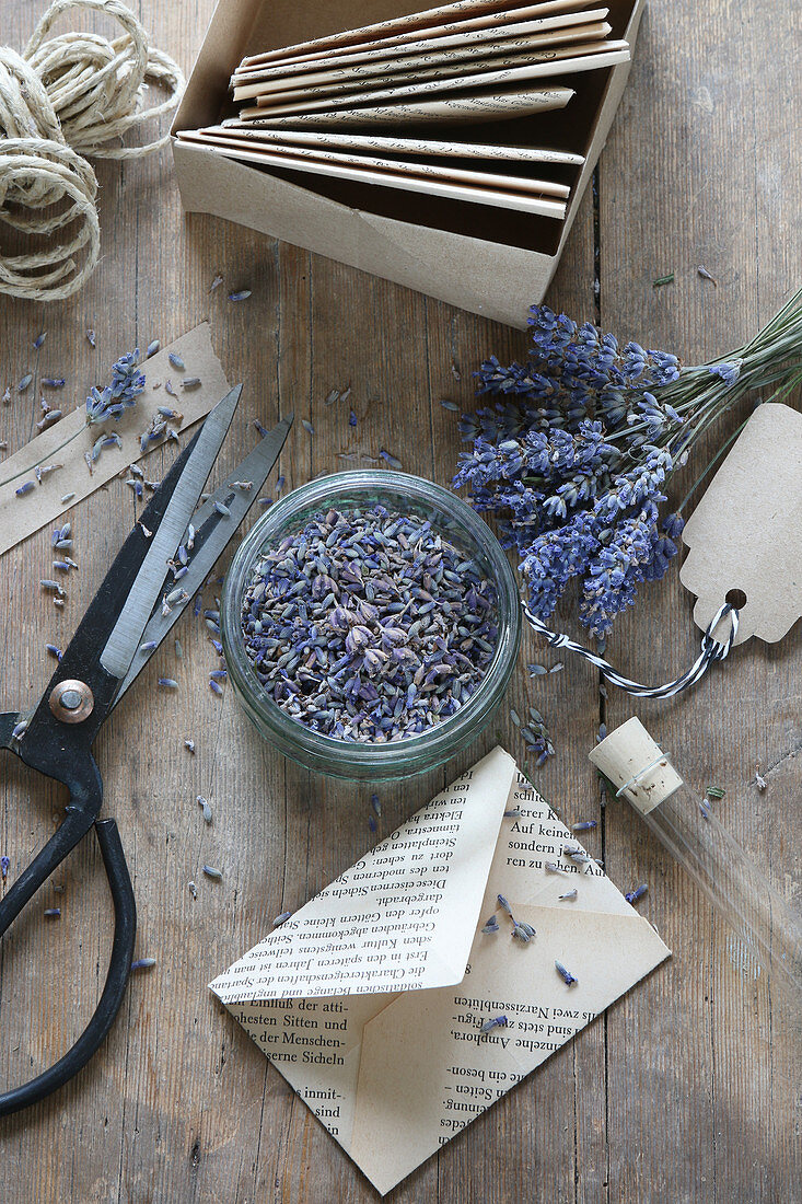 Envelopes handmade from old book pages filled with lavender flowers