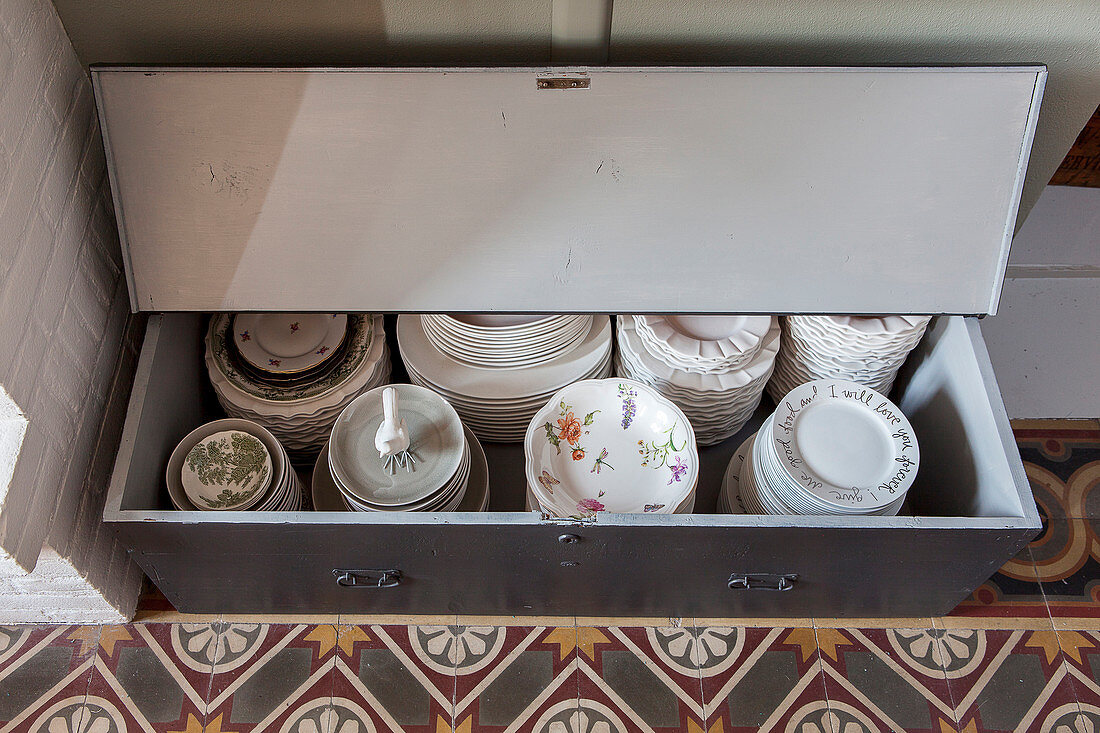 Crockery stacked in old trunk