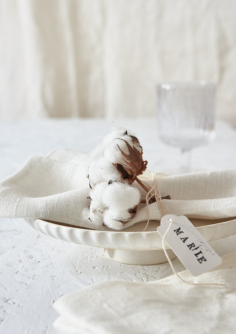 Cotton bolls and name tag decorating napkin