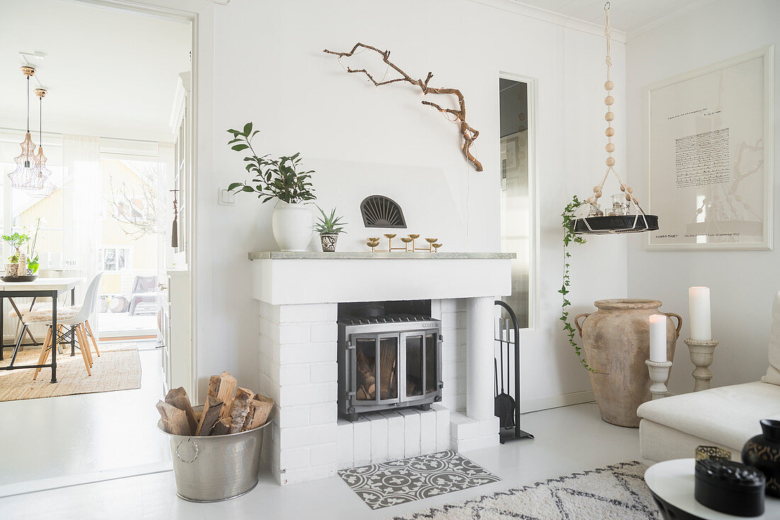 Fireplace in white, Bohemian-style living room