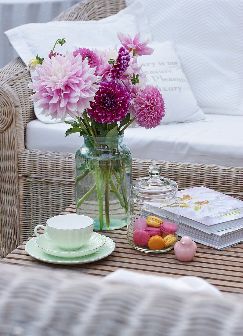 Dahlia bouquet on the terrace table