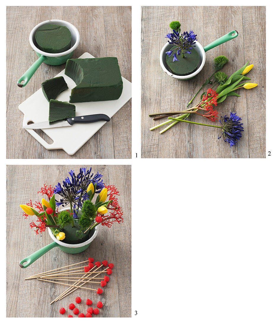 Instructions for making arrangement of tulips, jatropha and agapanthus