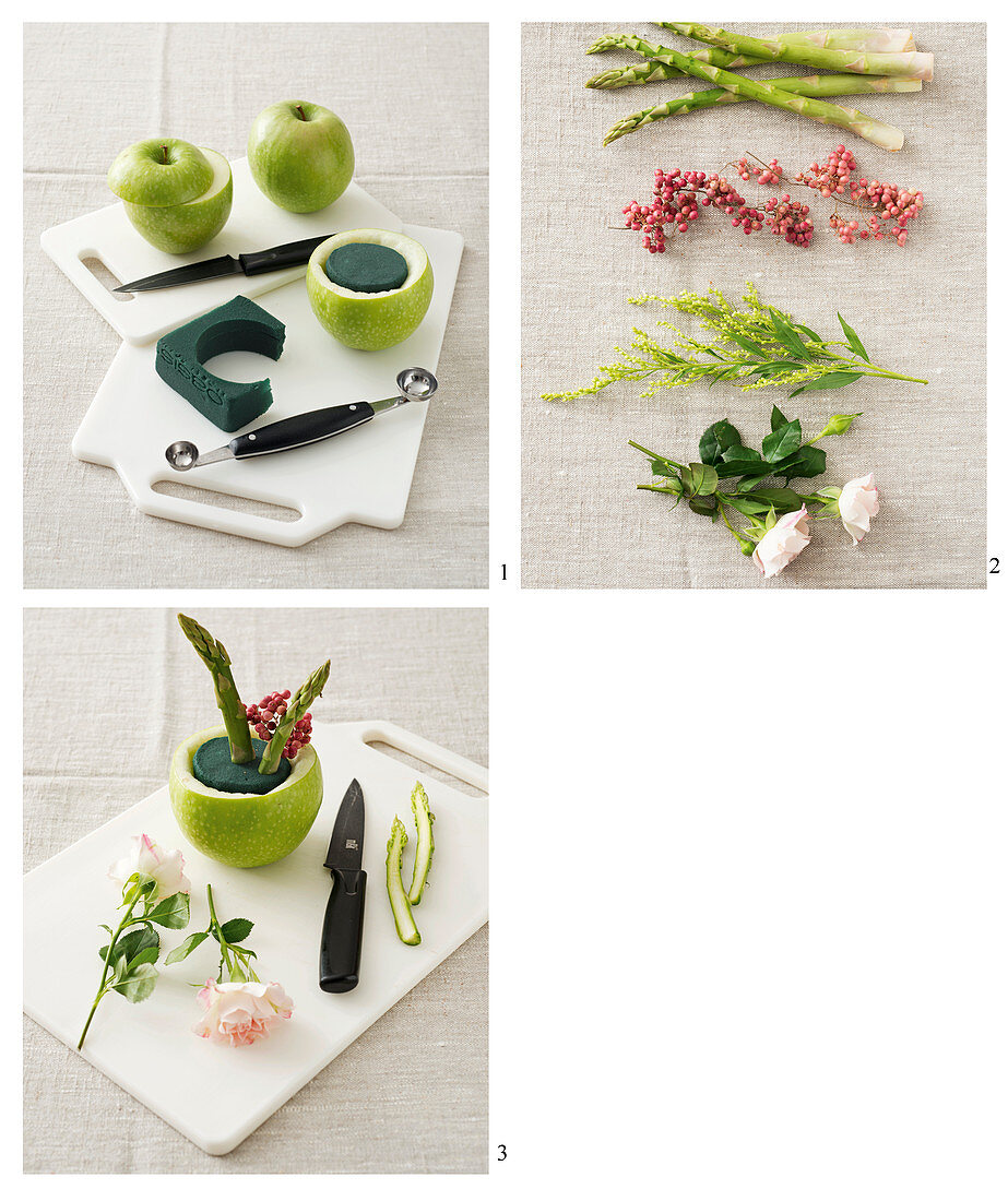 Anleitung für Gesteck mit Rosen und Spargel in einem grünen Apfel