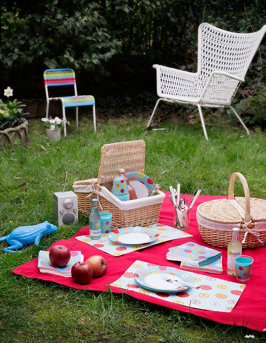 Sets und Picknickgeschirr mit Blumenmotiven auf roter Decke im Garten