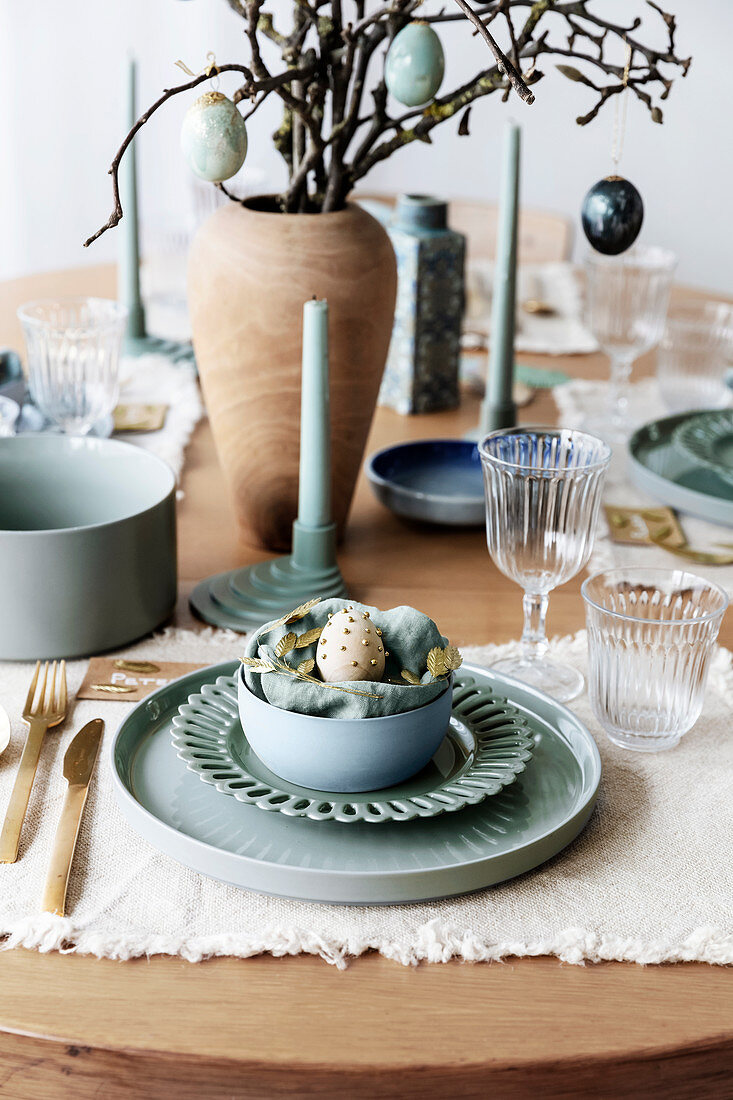 Table set in blue-grey and natural shades