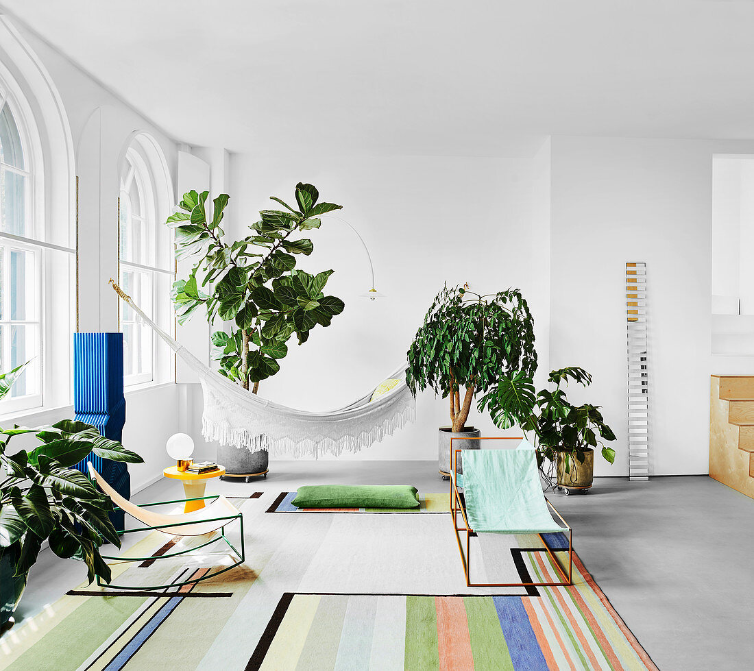 Deck chairs on a colorful carpet, house plants and hammock in the living room