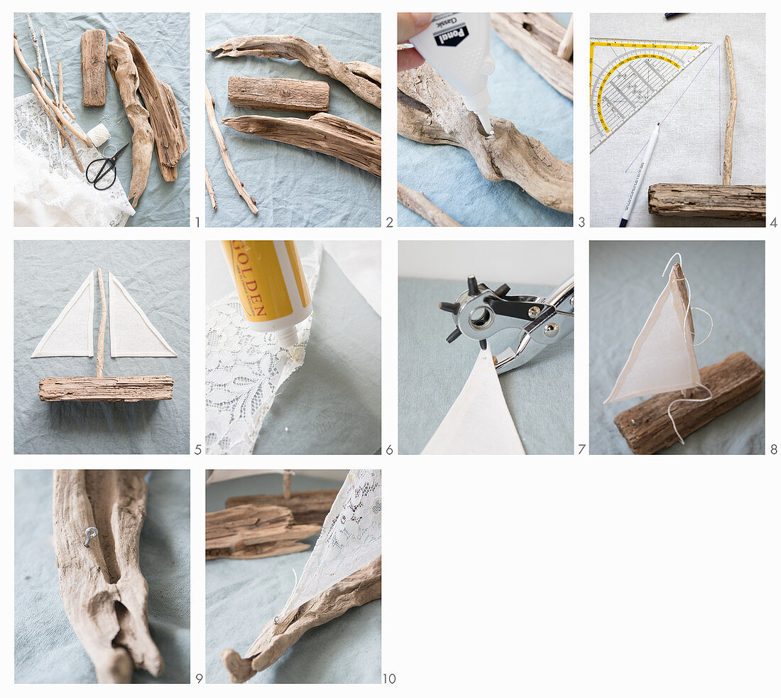 Instructions for making sailing boat ornaments from driftwood and fabric remnants
