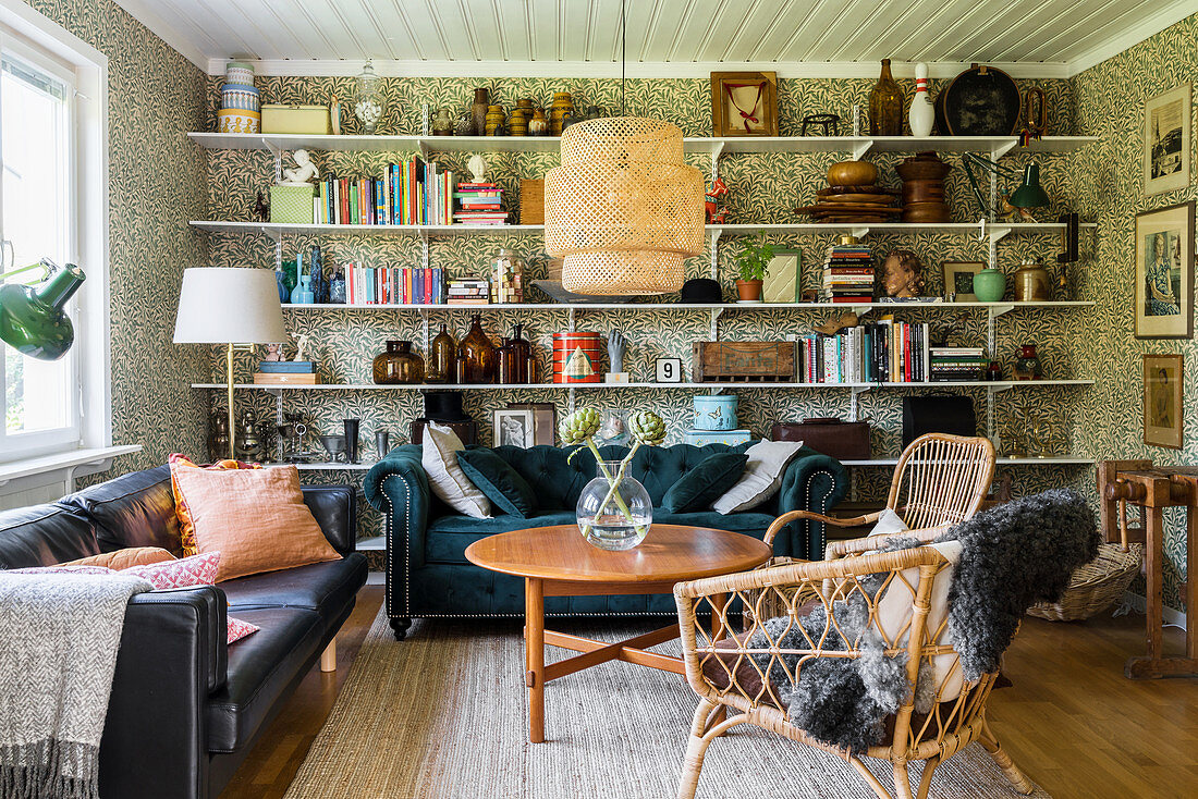 Vintage-style accessories on shelves in cosy living room
