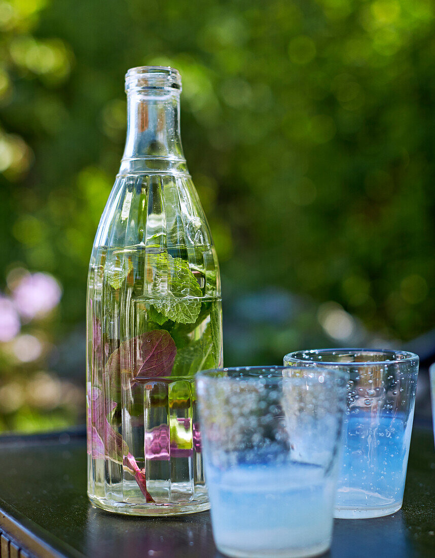 Mit Kräutern aromatisiertes Wasser in einer Flasche und zwei Gläser