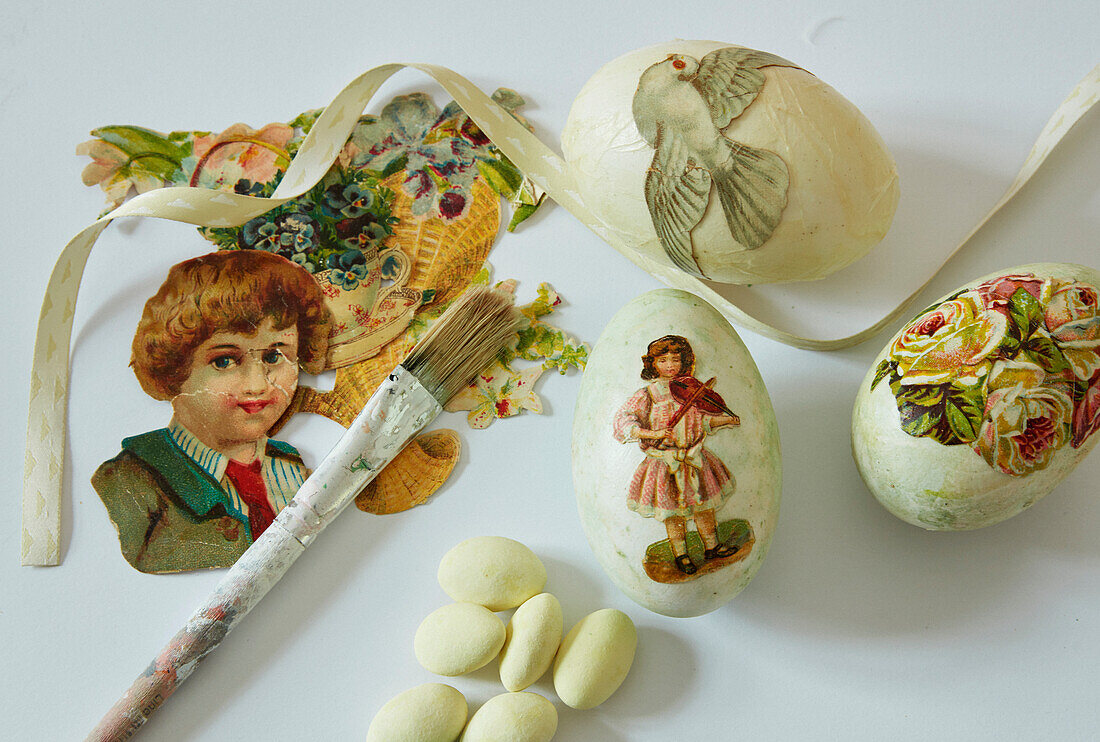 Easter eggs decorated using decoupage technique